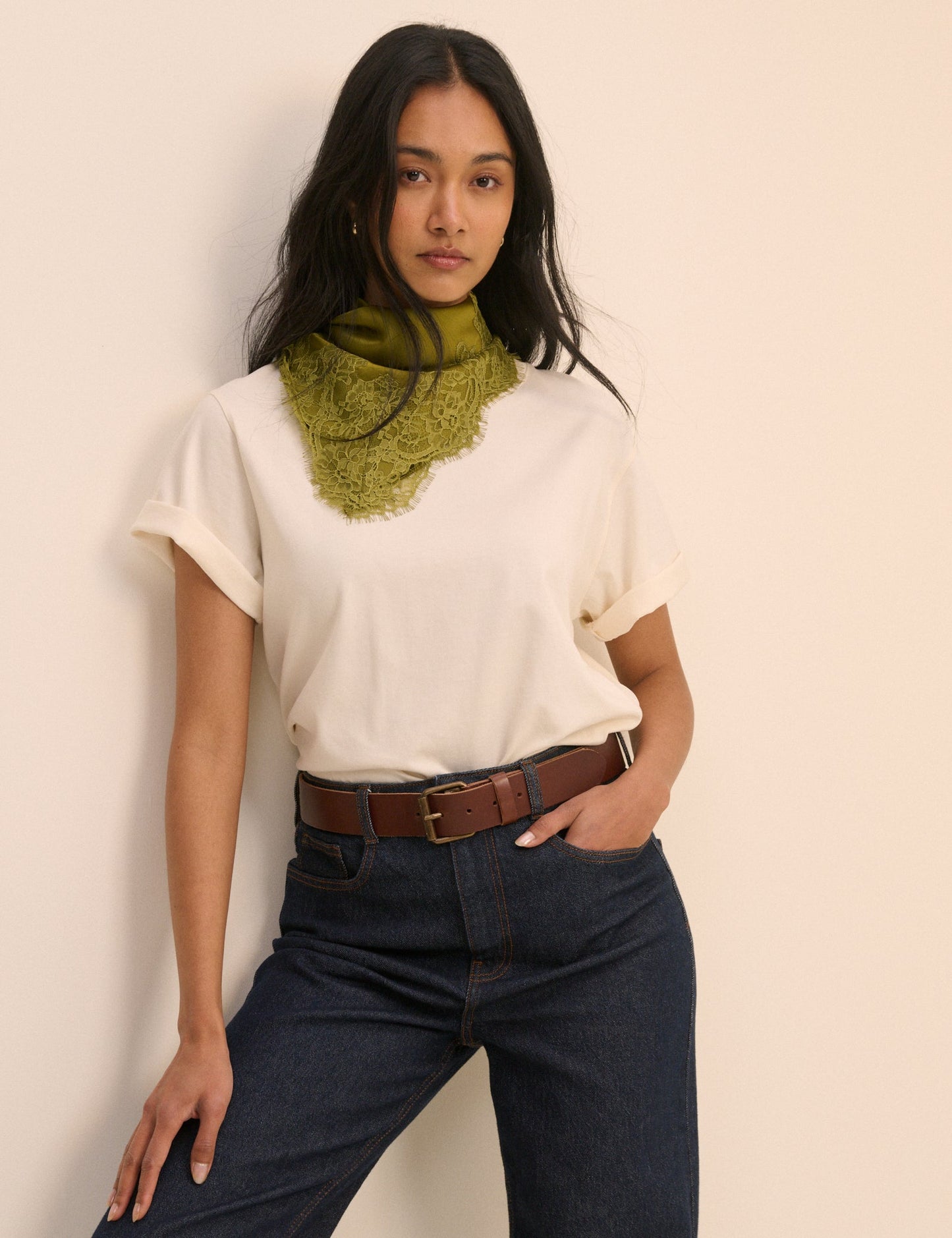 Olive Green Lace Trim Square Scarf