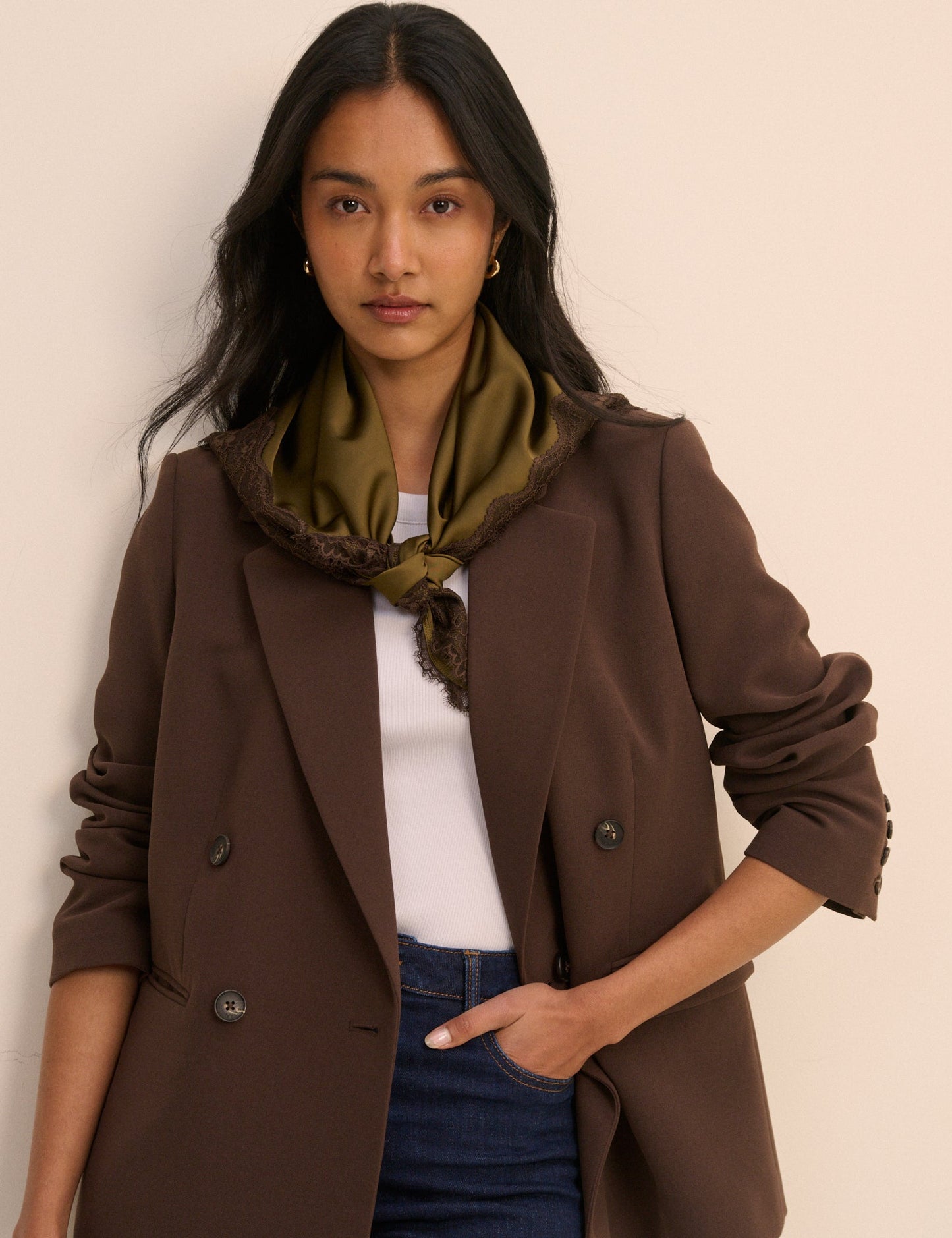 Khaki satin scarf with lace trim.