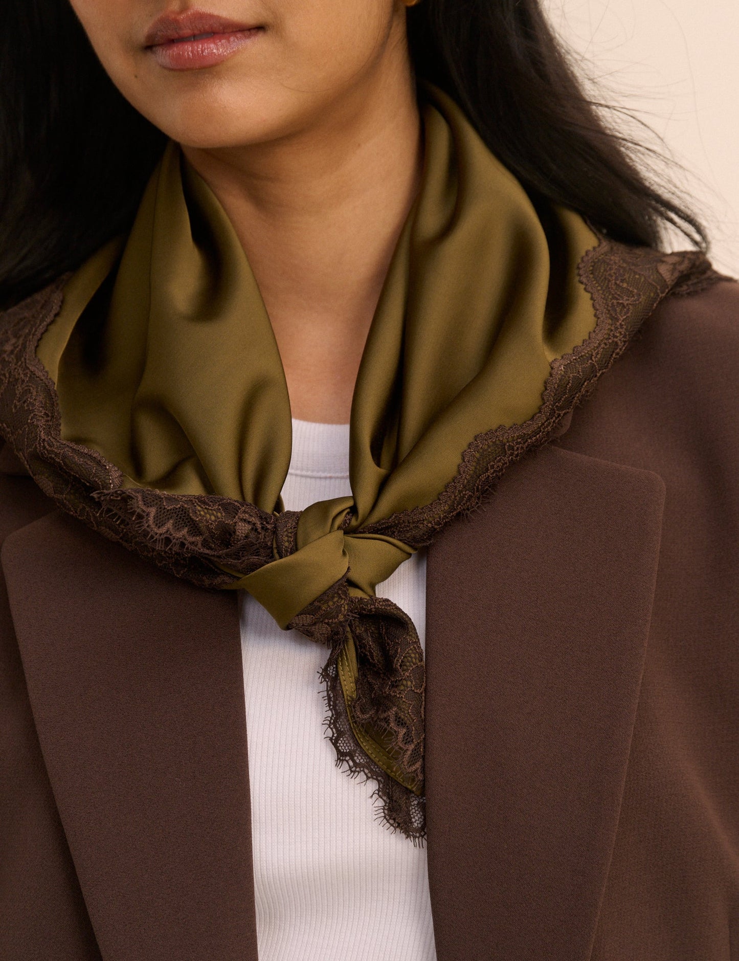 Khaki Green Lace Trim Square Scarf