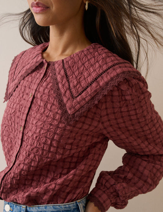 Red Check Oversized Collar Blouse