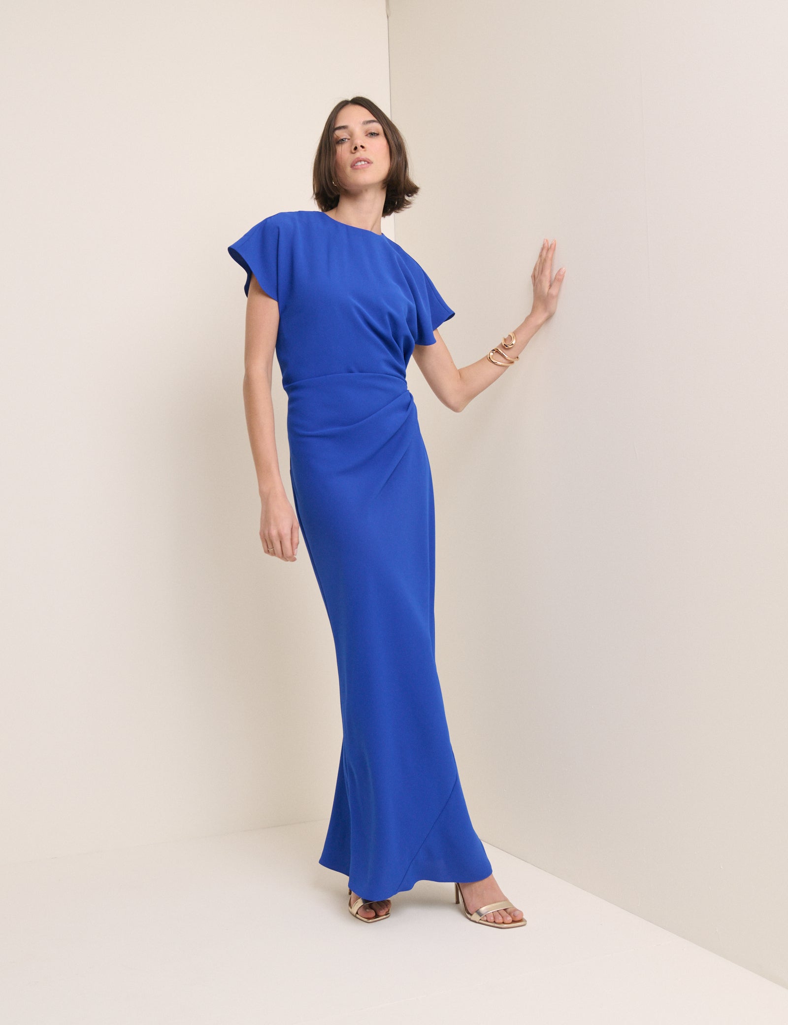 Cobalt blue asymmetric maxi dress.