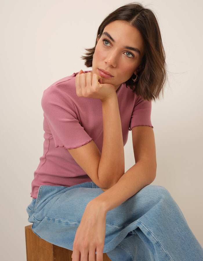 Pink Boat Neck Ribbed Top