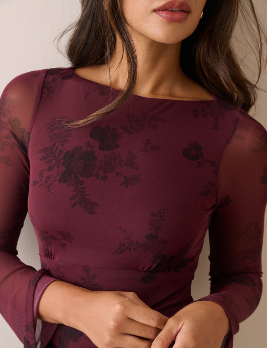 Burgundy Floral Jersey Mesh Long Sleeve Top