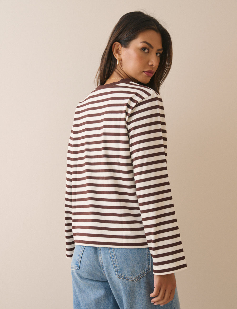 Brown Striped Wide Sleeve Jersey Top