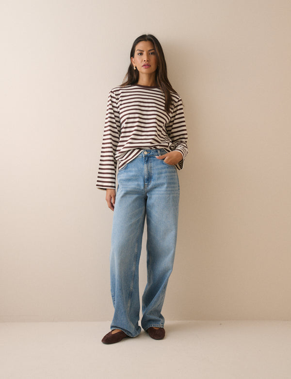 Brown Striped Wide Sleeve Jersey Top