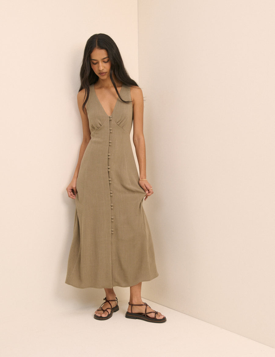 Taupe v-neck midi dress with buttons.
