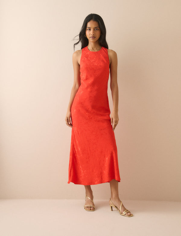 Red Jacquard Floral Miley Midi Dress