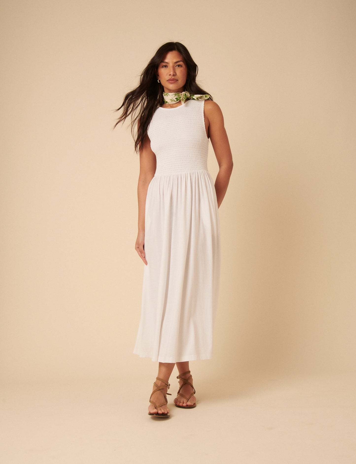 White shirred bodice sleeveless cotton midi dress.
