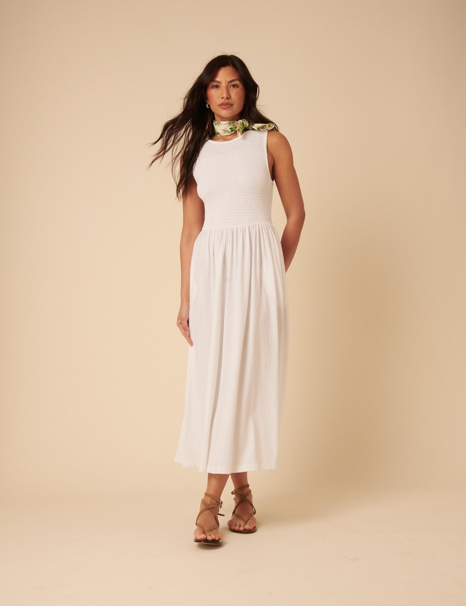White shirred bodice sleeveless cotton midi dress.