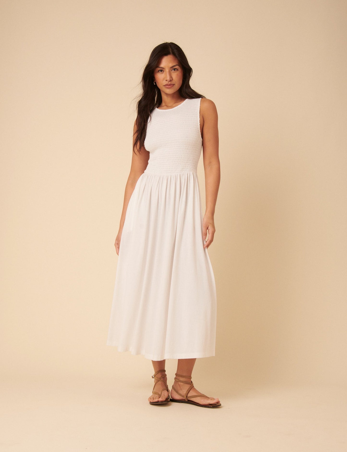 White Shirred Bodice Billie Jersey Midi Dress