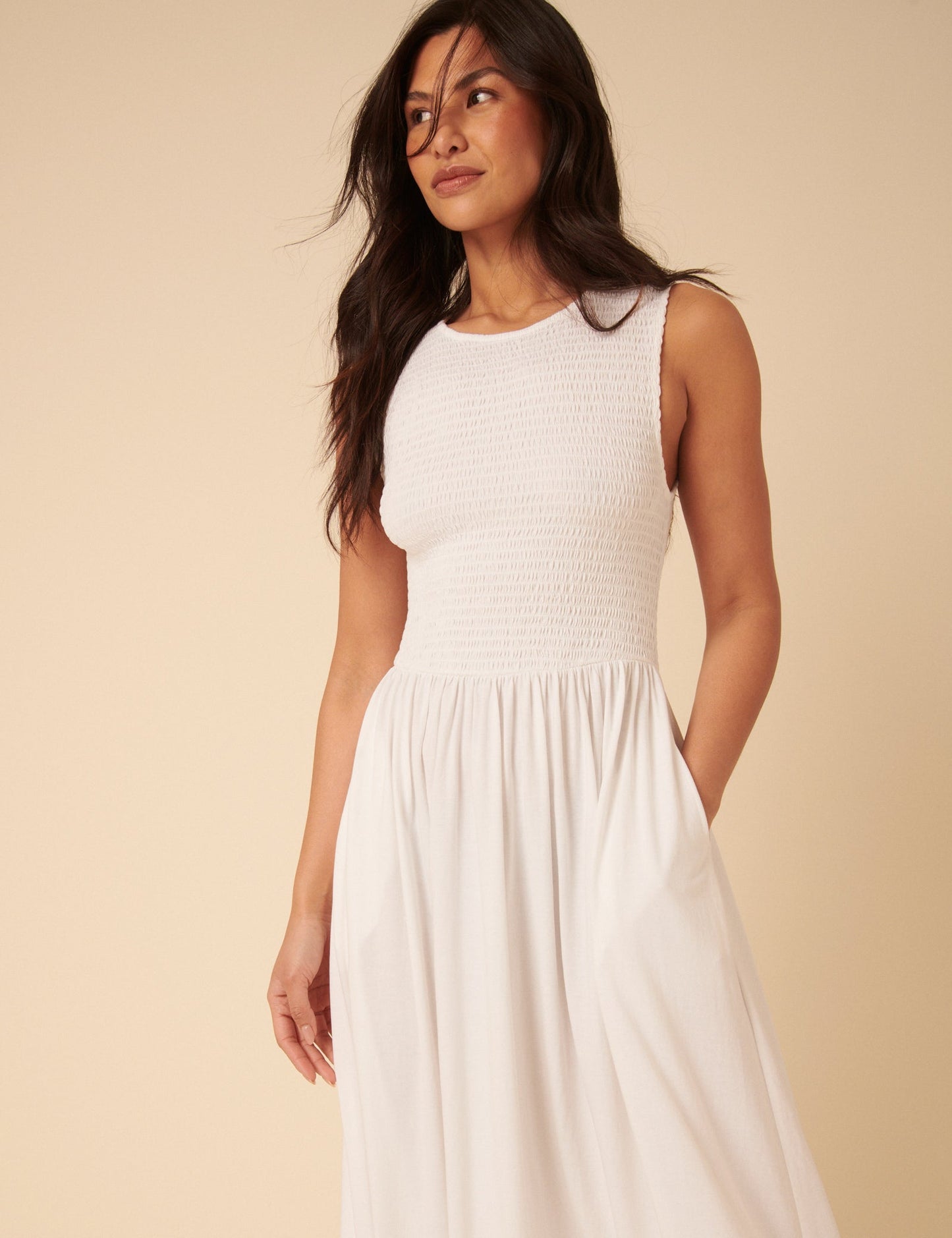 White Shirred Bodice Billie Jersey Midi Dress