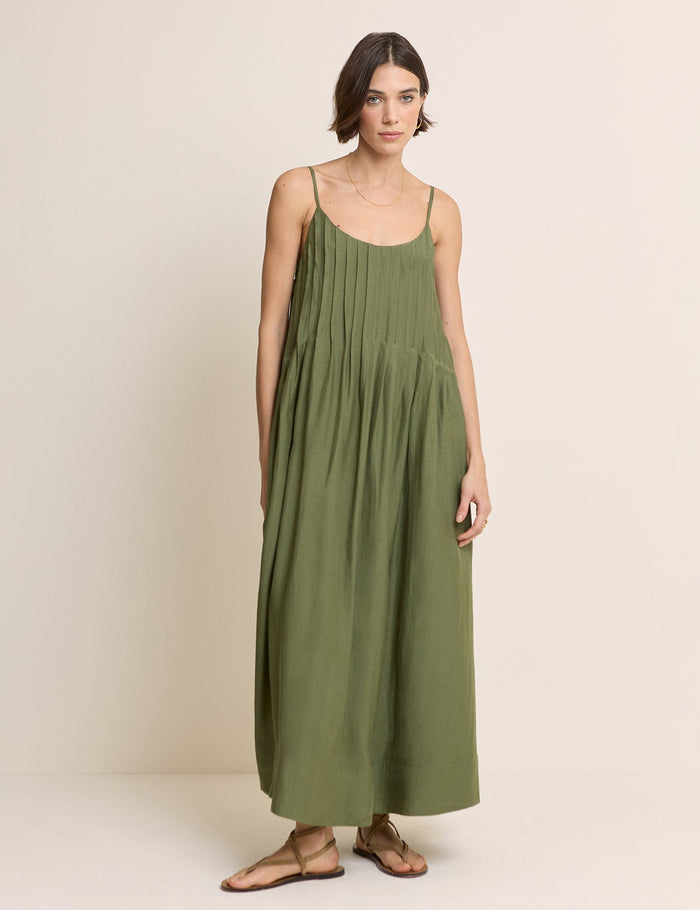 Olive green pintuck maxi dress.