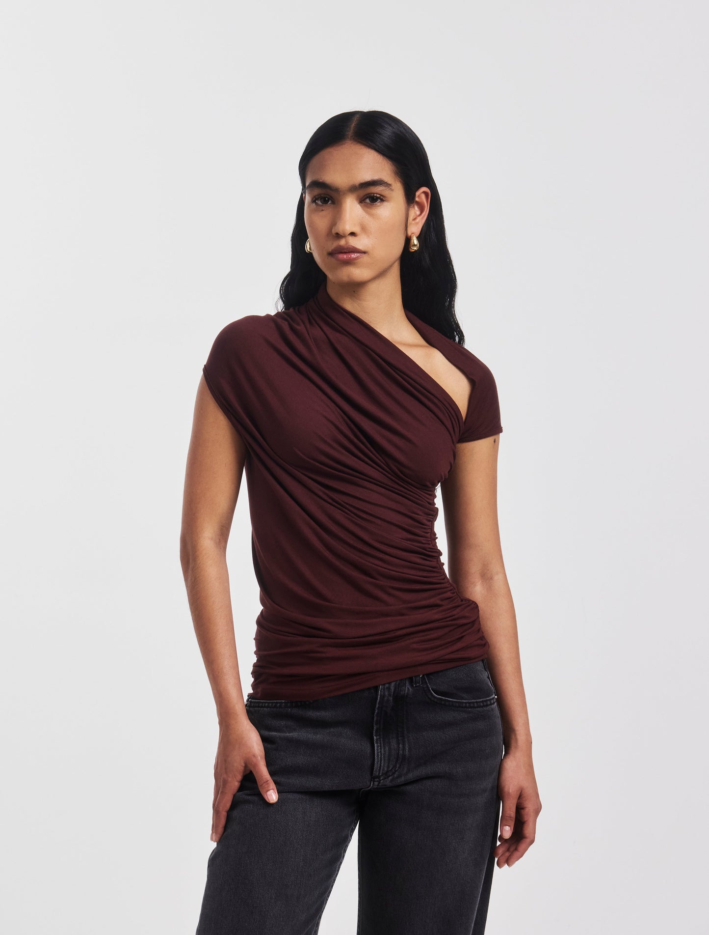 Micromodal top with cut out detailing, in deep burgundy purple.