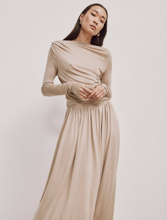 Micromodal jersey draped long sleeve dress in beige taupe.