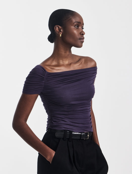 Micromodal off-the-shoulder ruched top in deep aubergine purple.