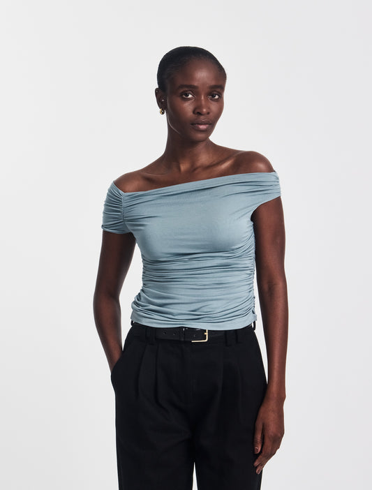 Off-the-shoulder micromodal ruched top in powder blue.
