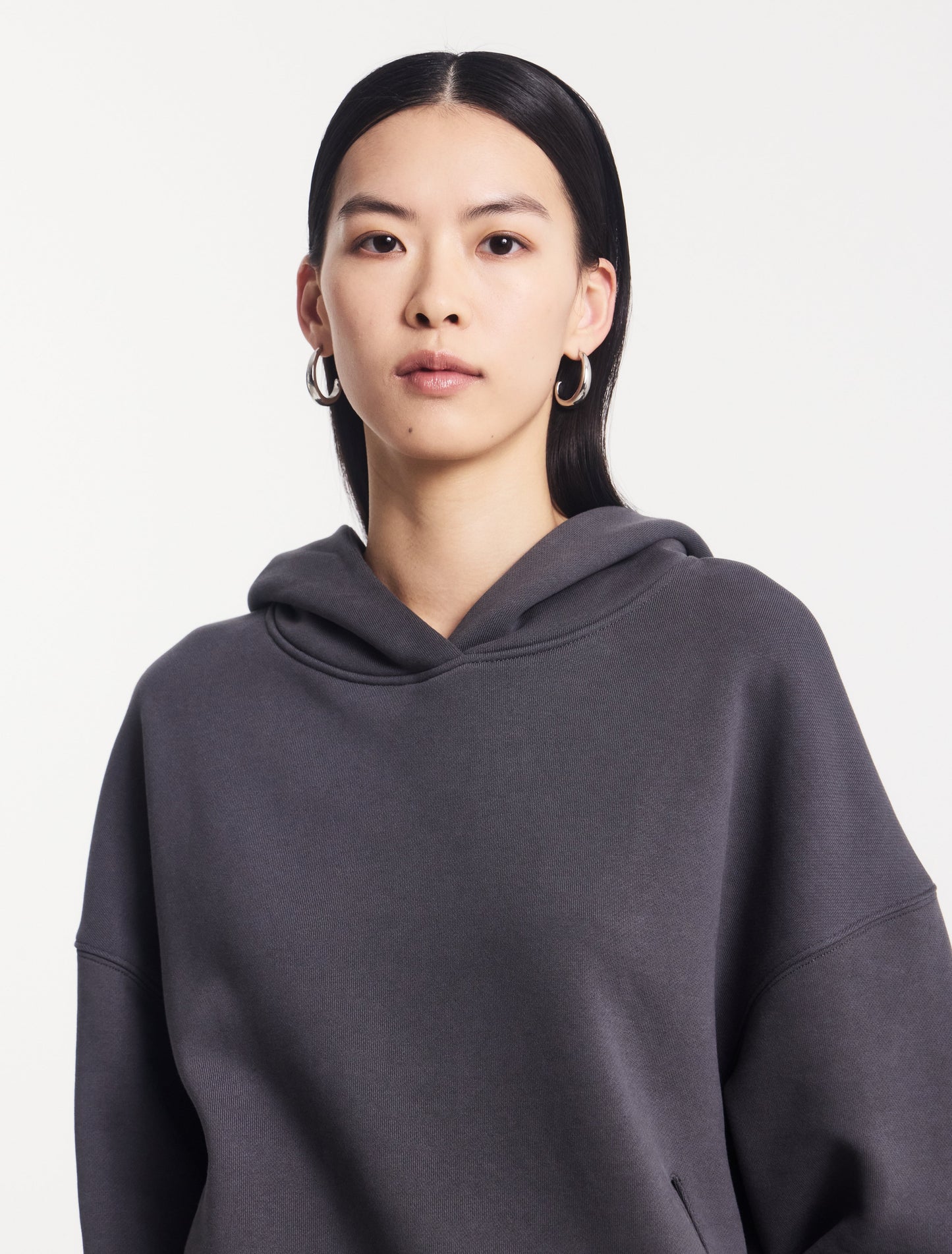 Charcoal grey cotton hoodie.