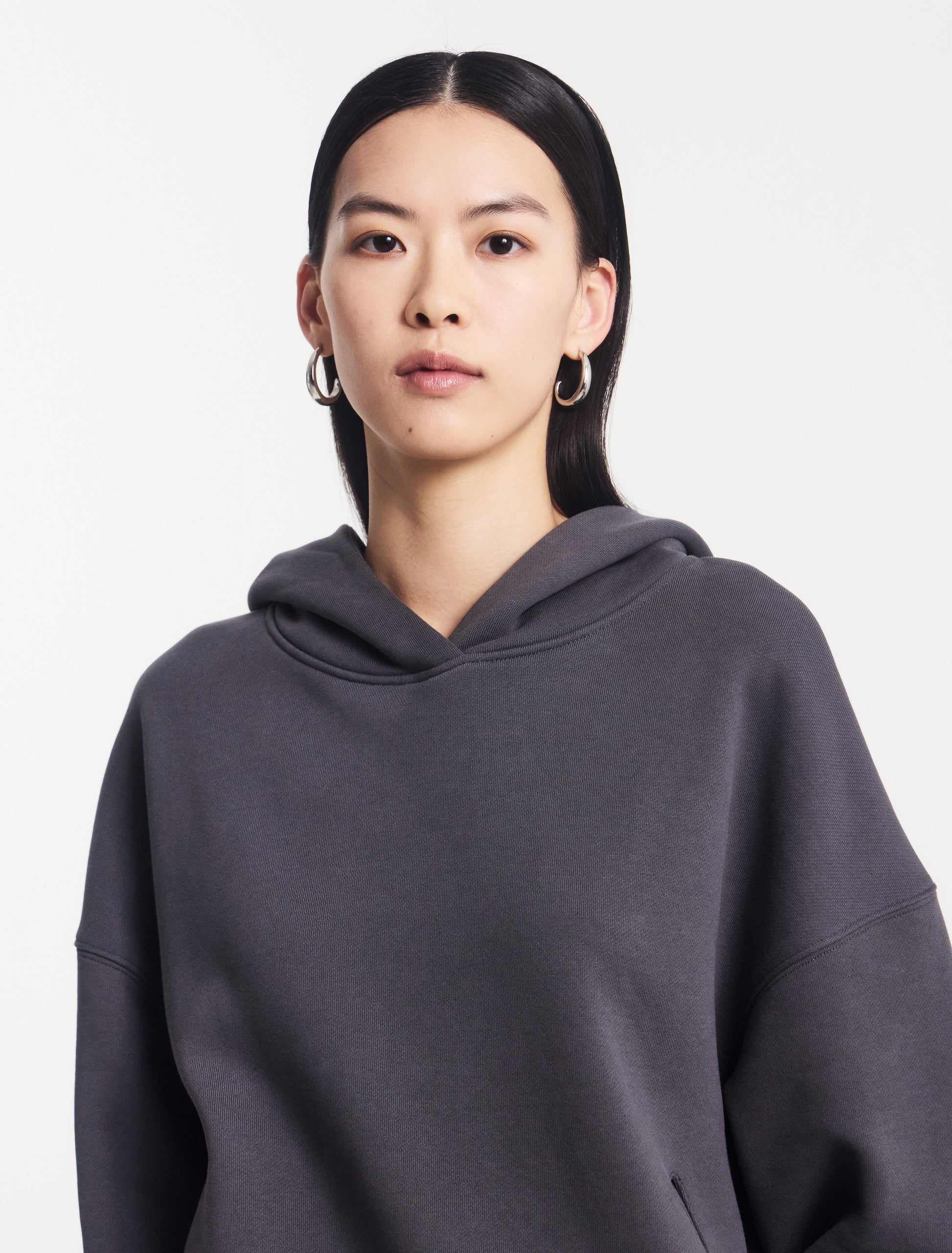 Charcoal grey cotton hoodie.