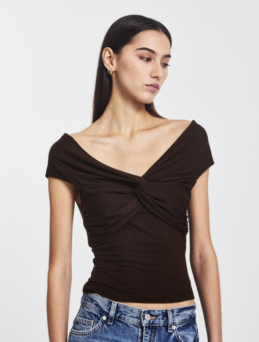 Dark brown micromodal v-neck top.