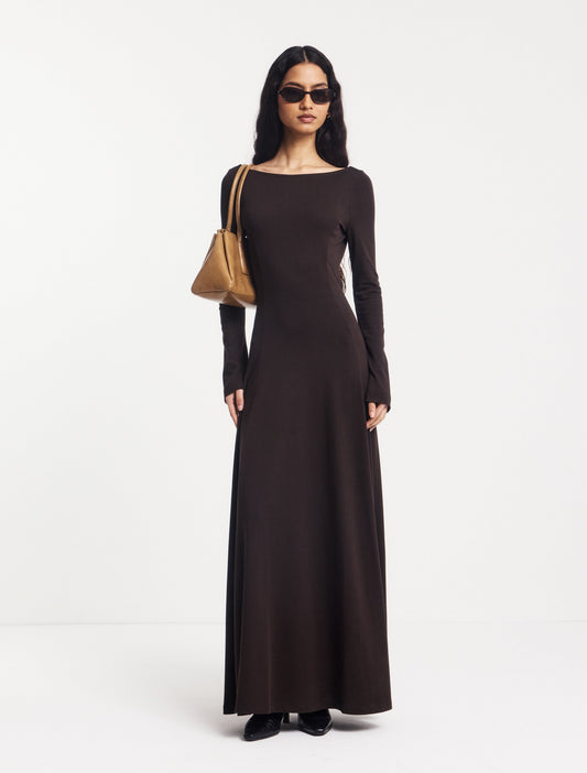 Long-sleeve dark brown maxi dress with scoop back.