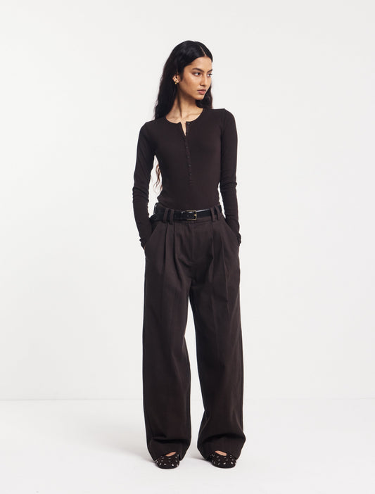 Chocolate brown denim wide leg trousers.