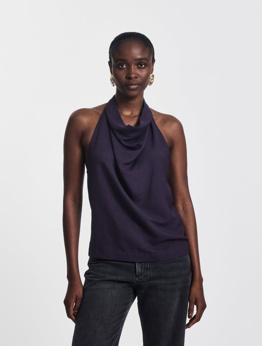 TENCEL halterneck backless top in dark purple draped fabric.
