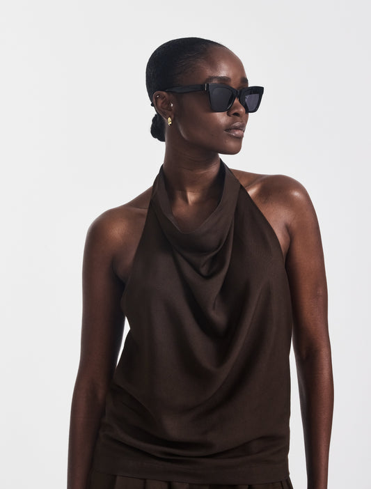 Halterneck backless top in dark chocolate brown TENCEL draped fabric.