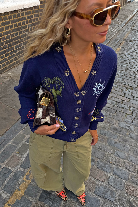 Navy embroidered v-neck cardigan.