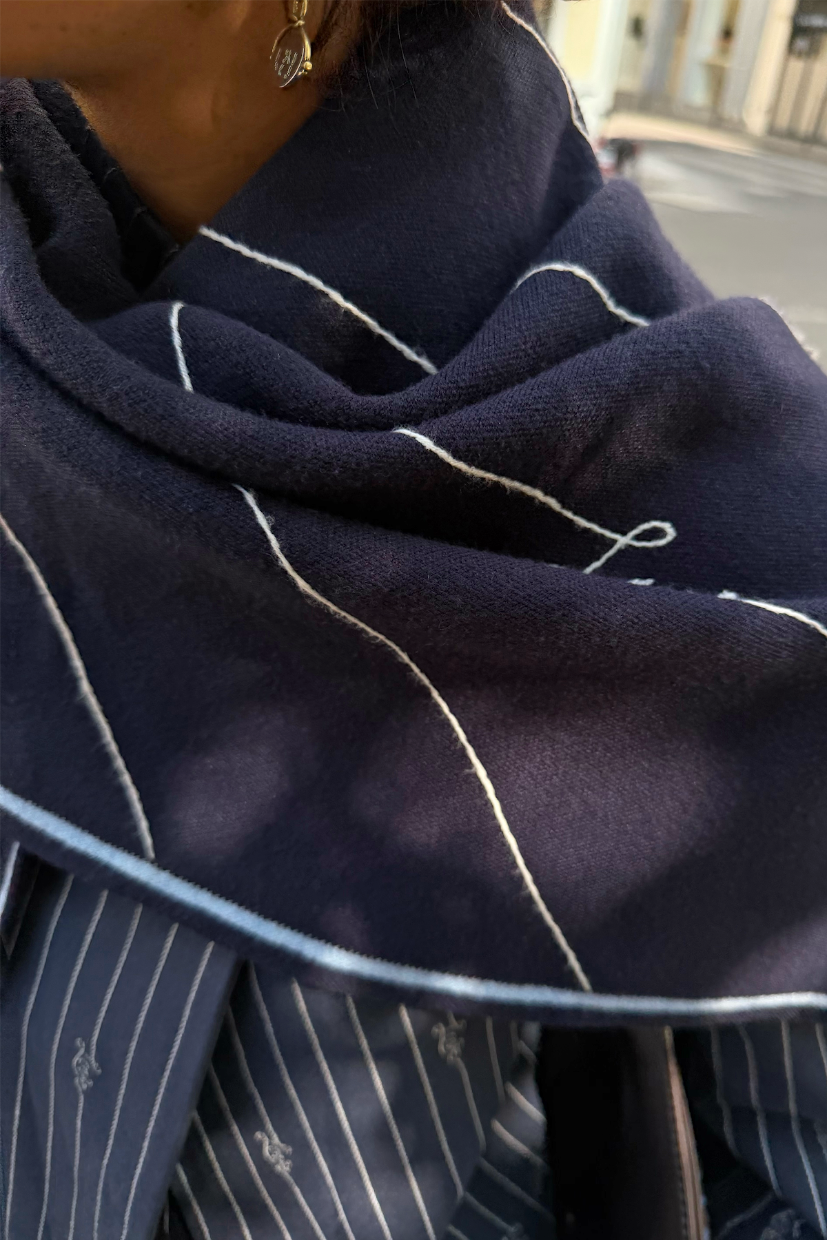 Navy Pinstripe Large Knit Scarf