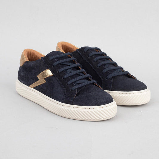 Navy suede trainers with gold lightning bolt