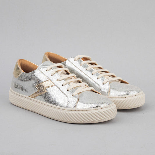 Silver vegan leather trainers with lightning bolt