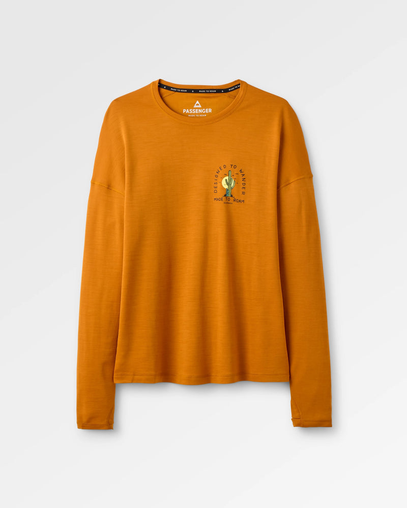 Orange long-sleeve shirt with a graphic design on a white background