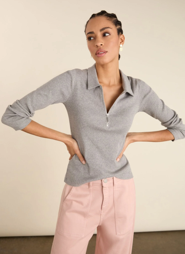 Organic Cotton Zip Collar Top / Grey Marl