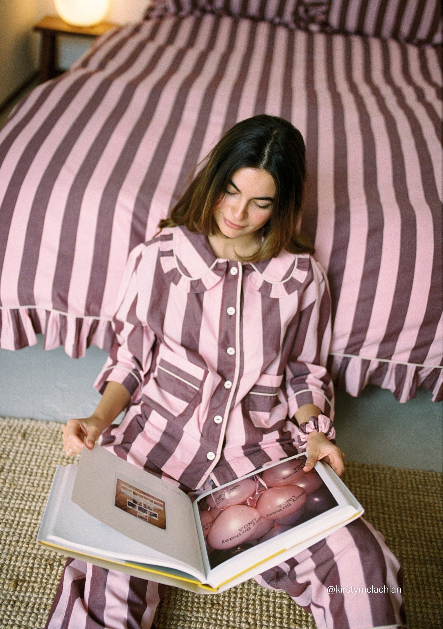 Cropped Cotton Pyjamas - Pink & Burgundy Stripe