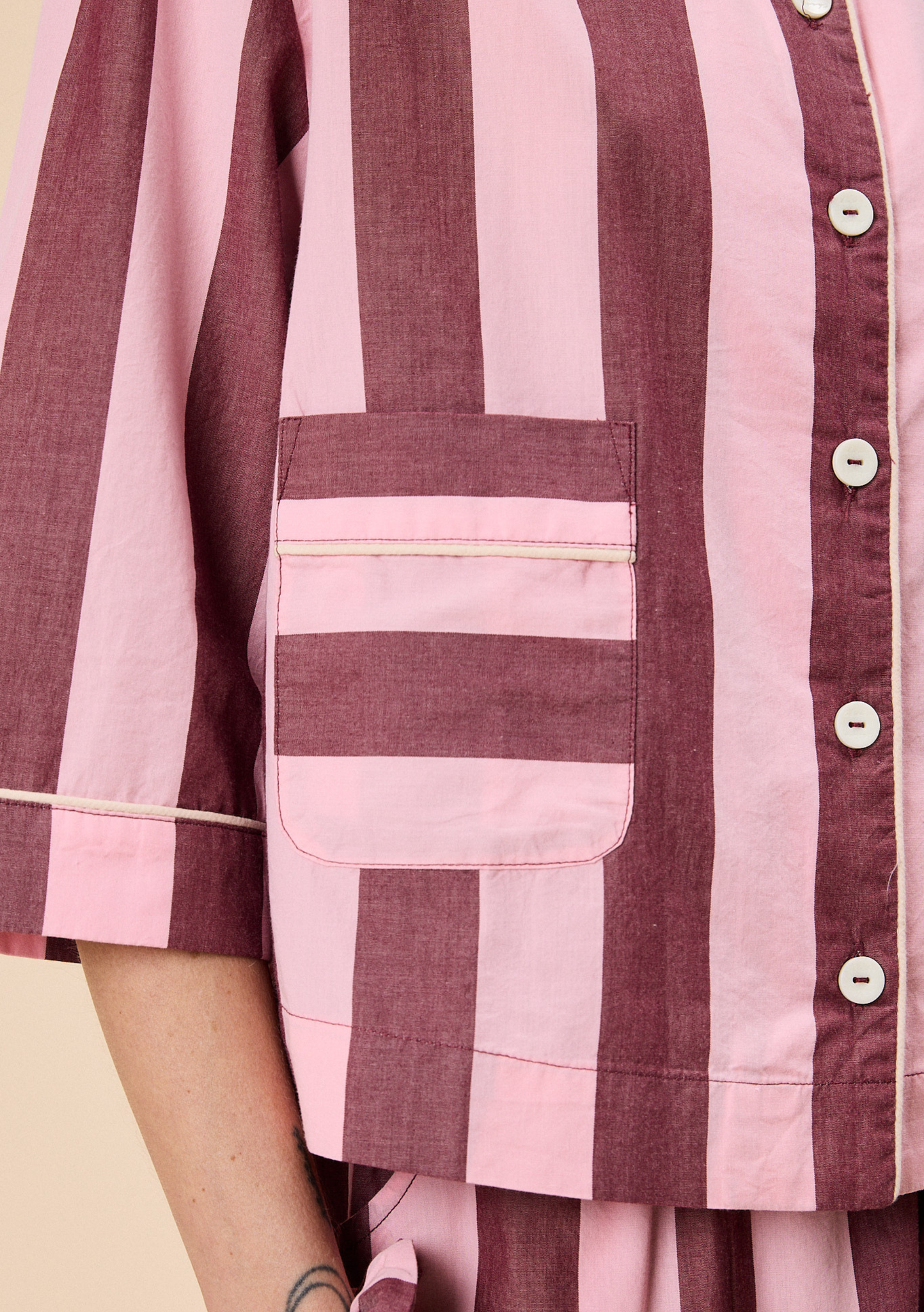 Cropped Cotton Pyjamas - Pink & Burgundy Stripe