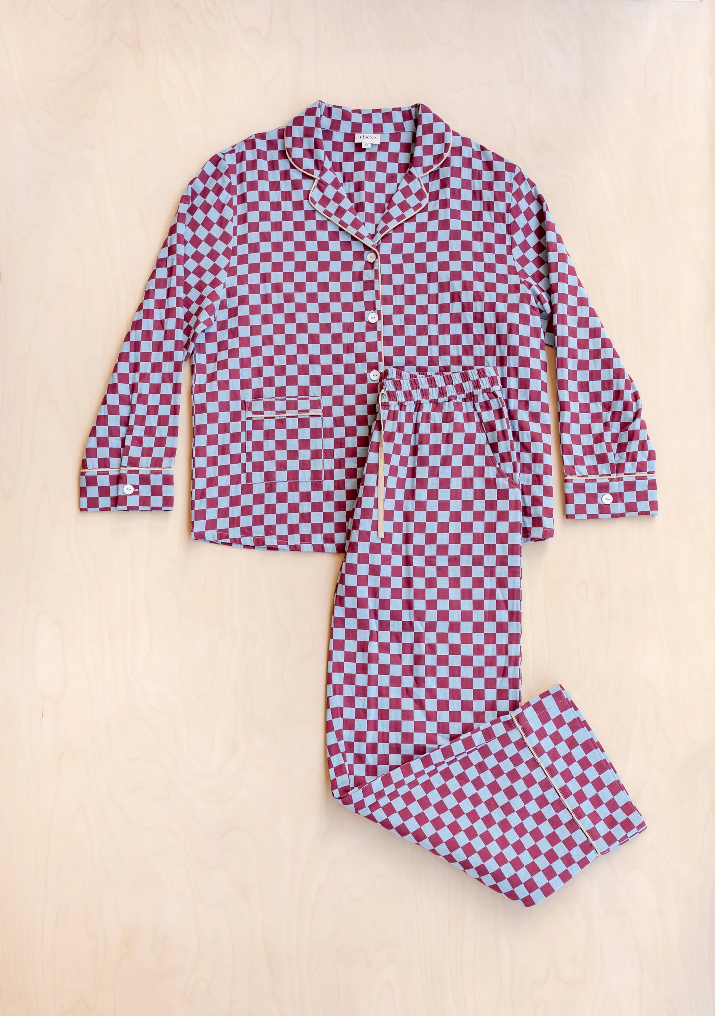 Checkered TBCo blue and burgundy pajama set filtered by Shop My Palette for the Cool Summer and Light Summer colour seasons.