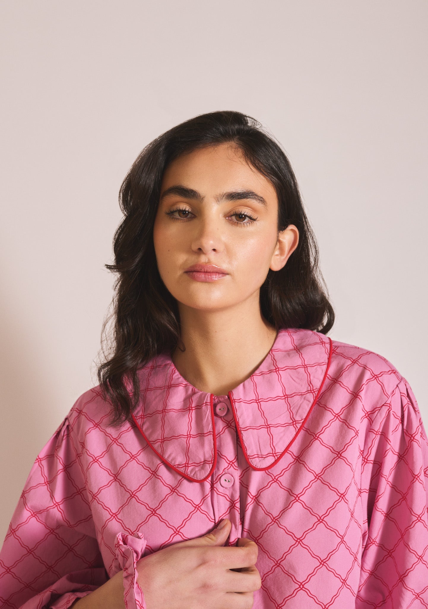 Cropped Cotton Pyjamas - Pink Lattice