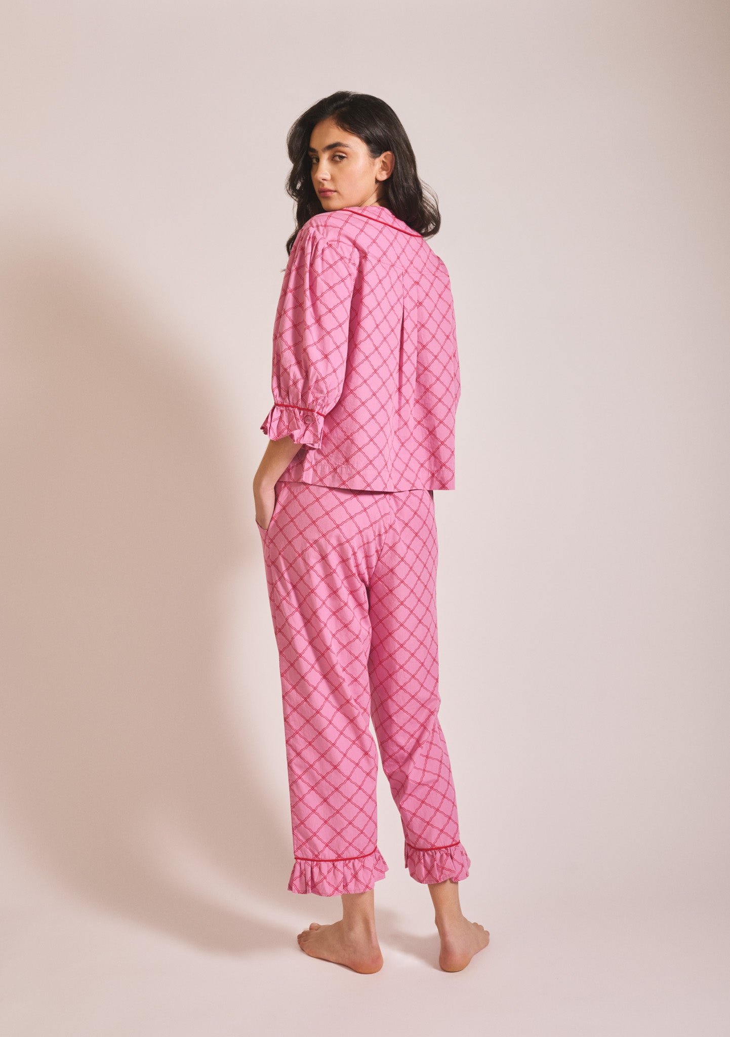 Cropped Cotton Pyjamas - Pink Lattice