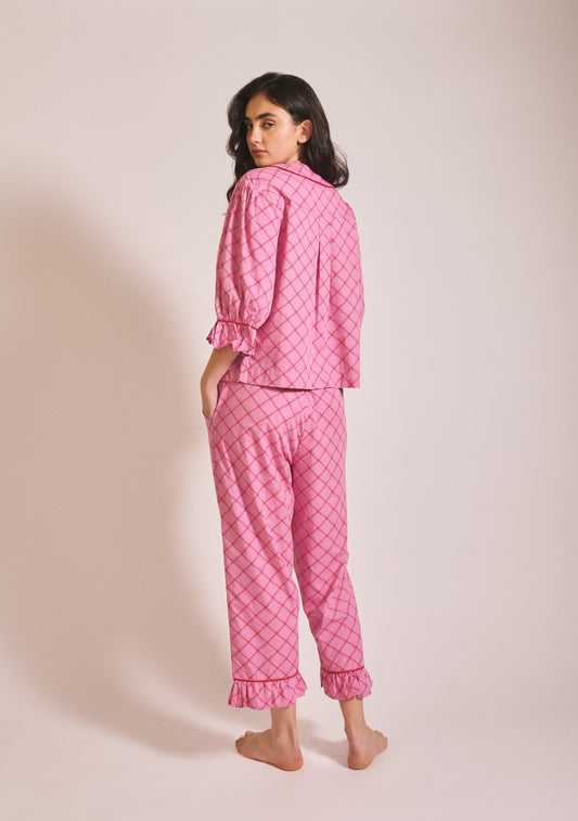 Cropped Cotton Pyjamas - Pink Lattice
