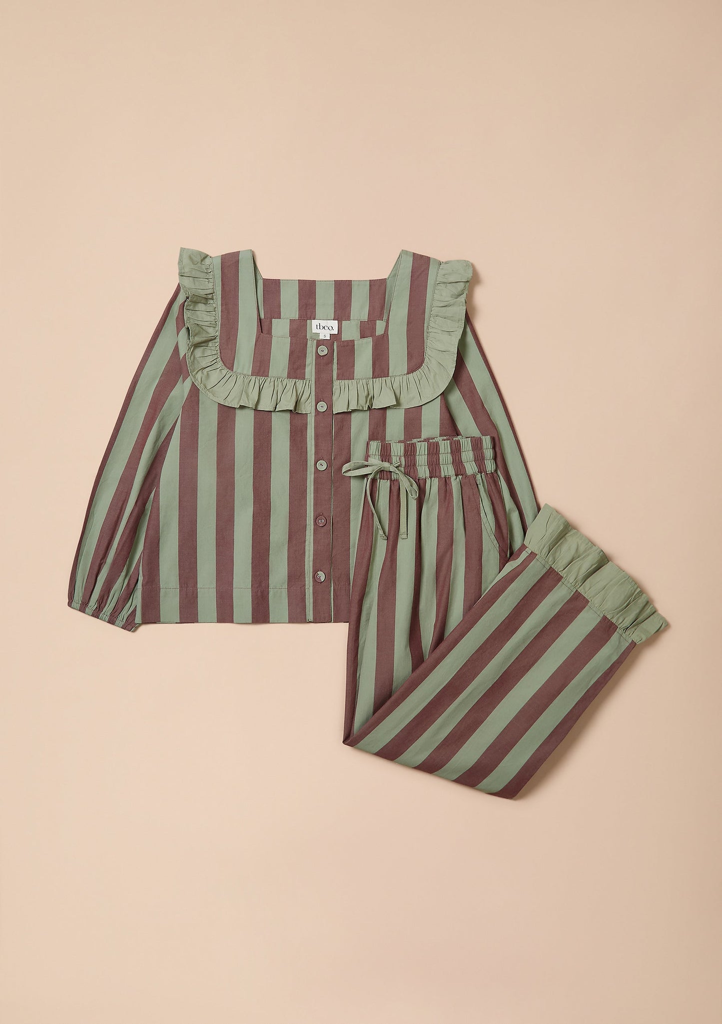 Cotton Pyjama Set - Green & Brown Stripe Ruffle