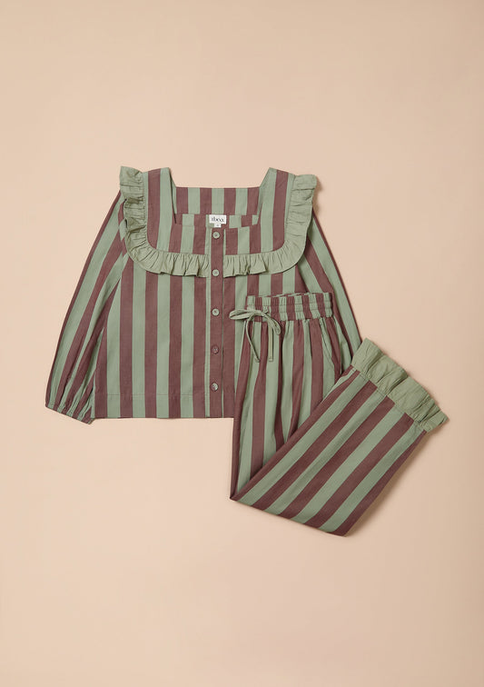Cotton Pyjama Set - Green & Brown Stripe Ruffle