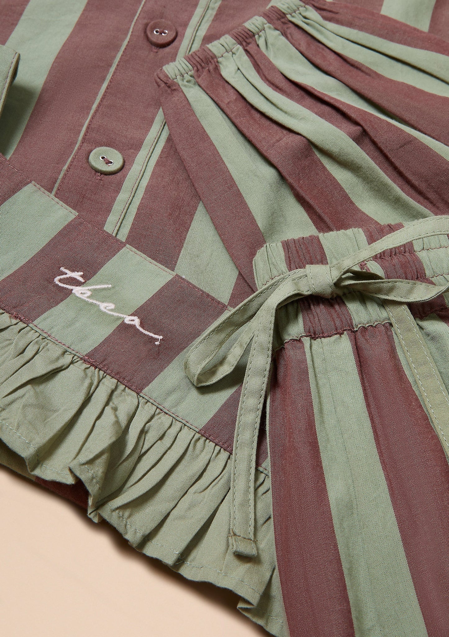Cotton Pyjama Set - Green & Brown Stripe Ruffle