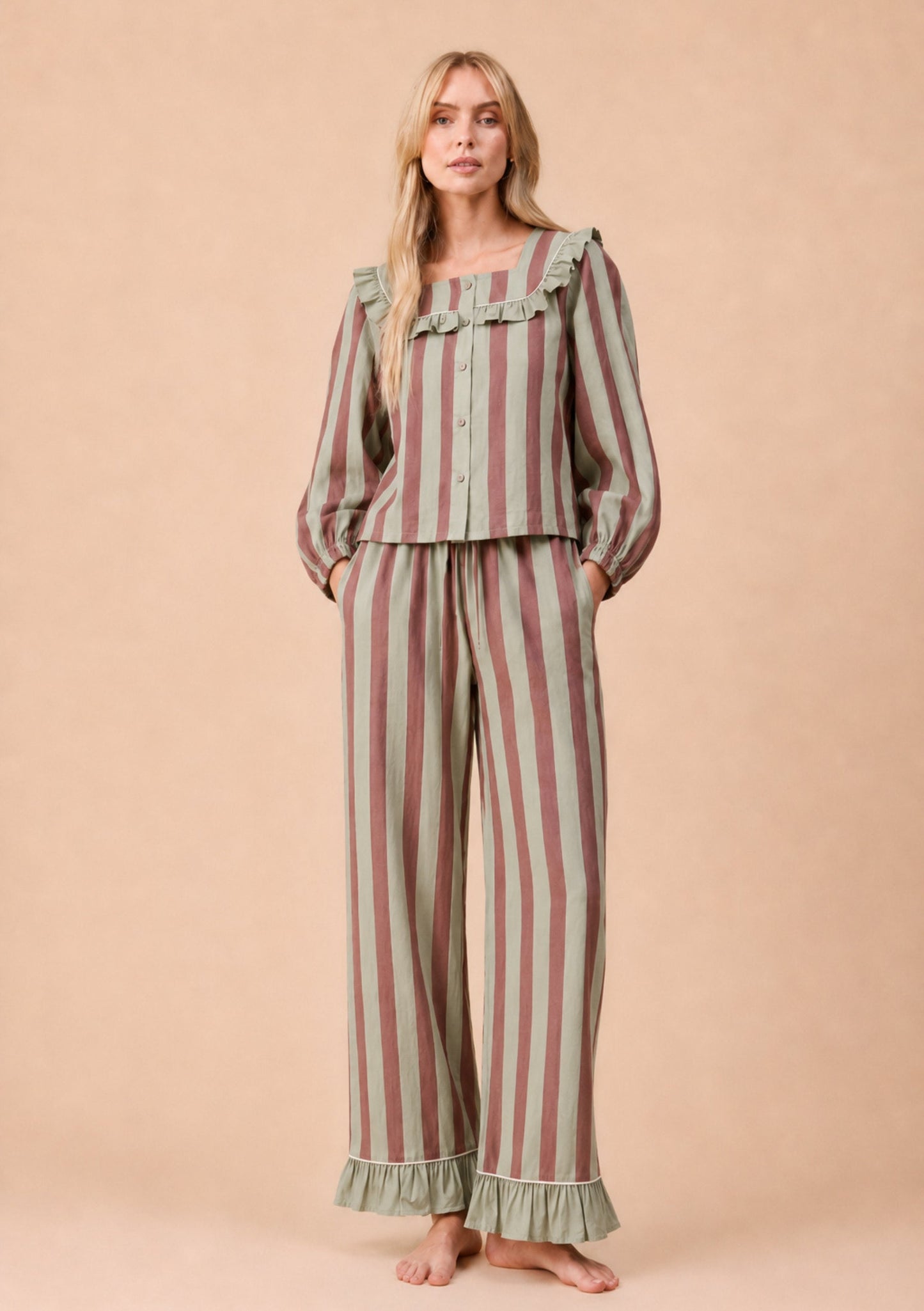 Gentle sage green and brown stripe ruffled cotton pyjamas.
