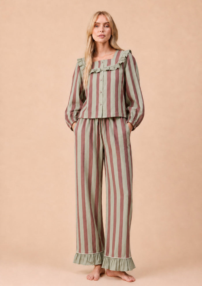 Gentle sage green and brown stripe ruffled cotton pyjamas.