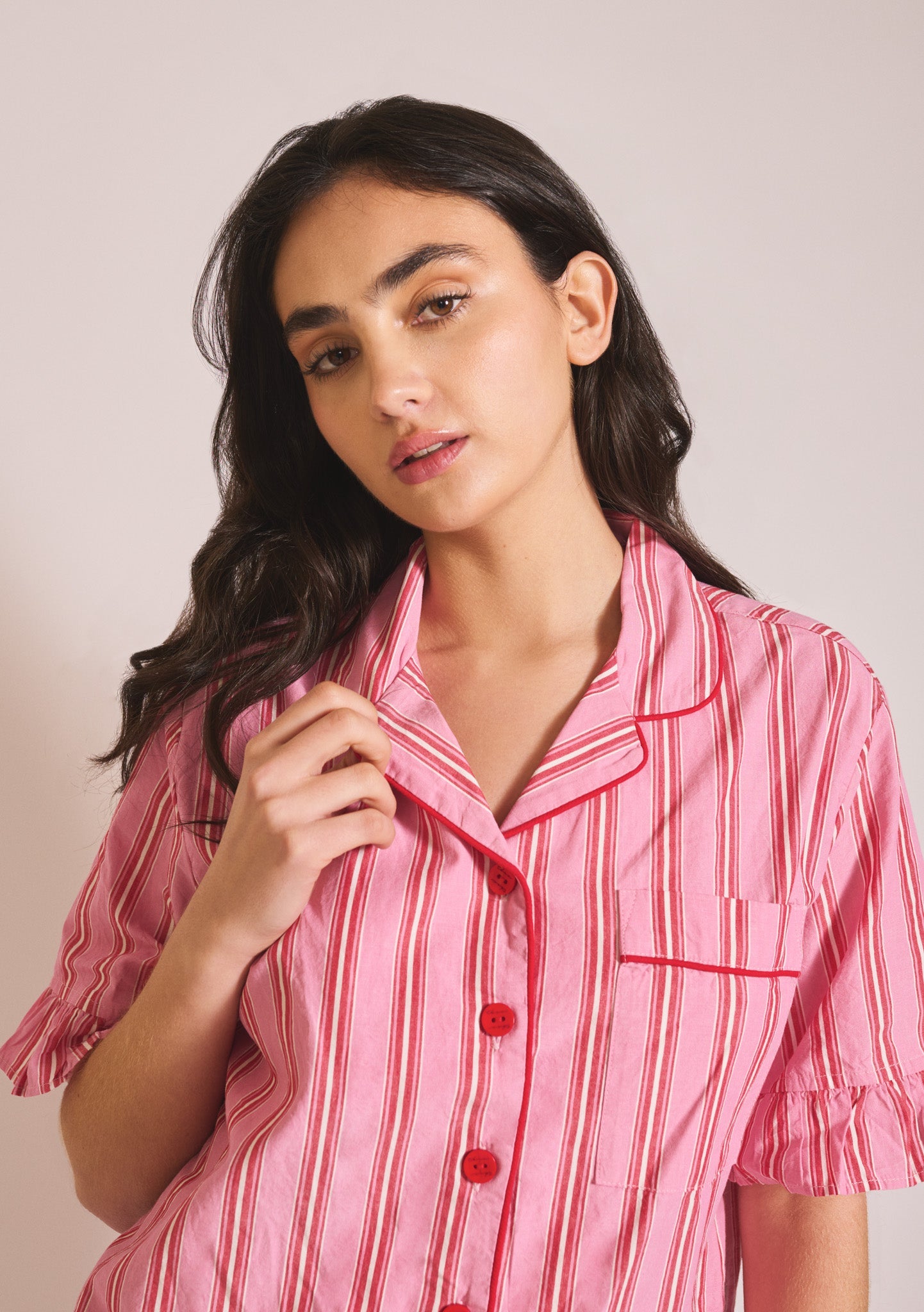 Cotton Pyjamas - Red Stripe Ruffle