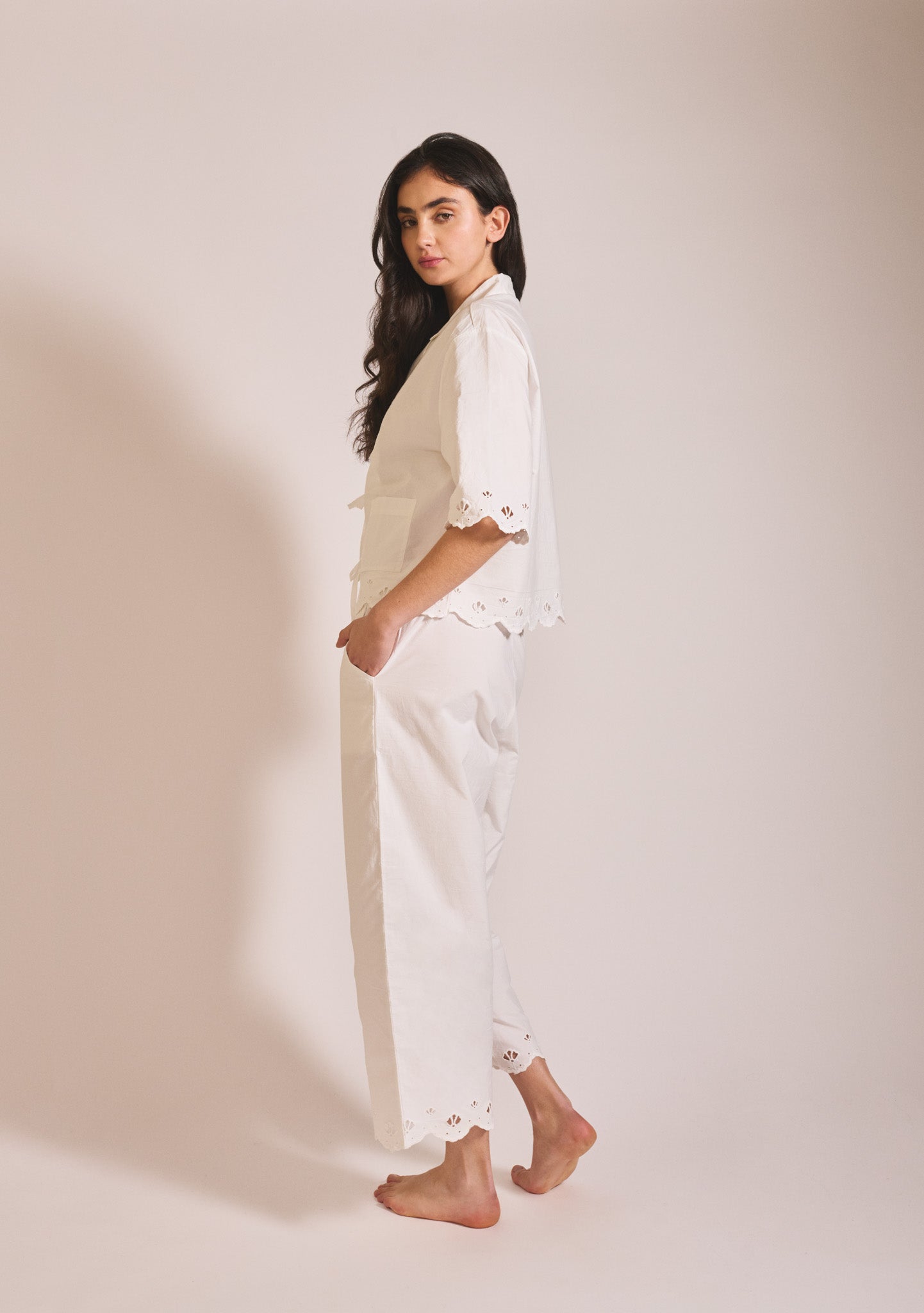 Cropped Cotton & Linen Pyjamas - White Shell