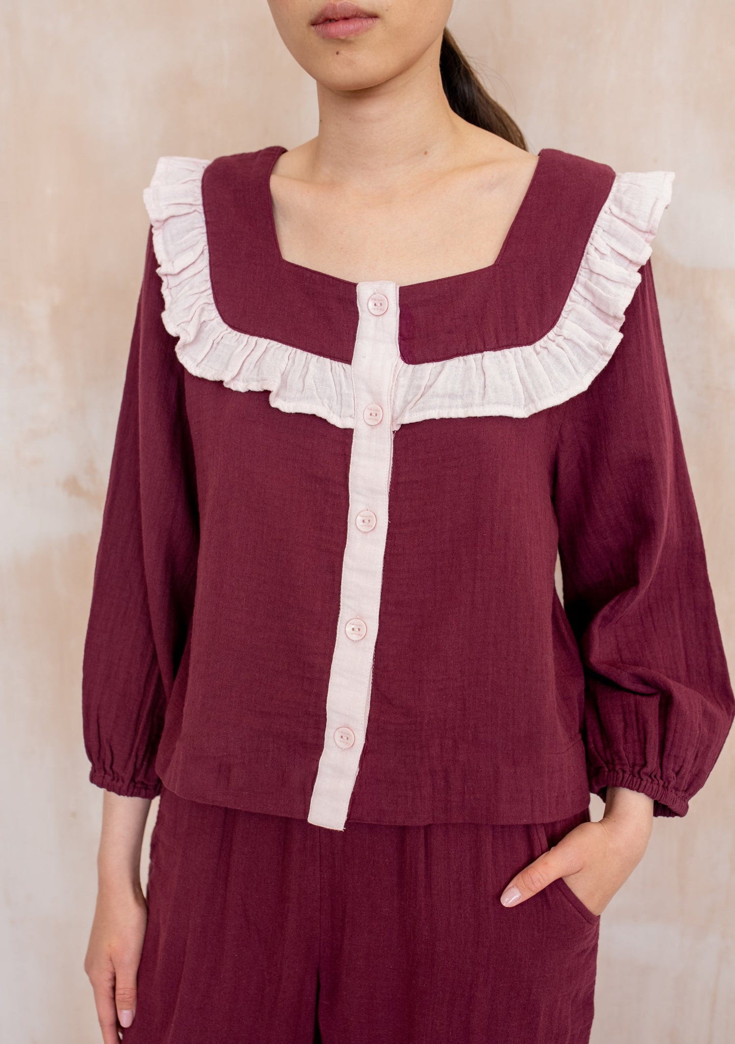 Cropped Cotton Pyjamas - Burgundy Ruffle