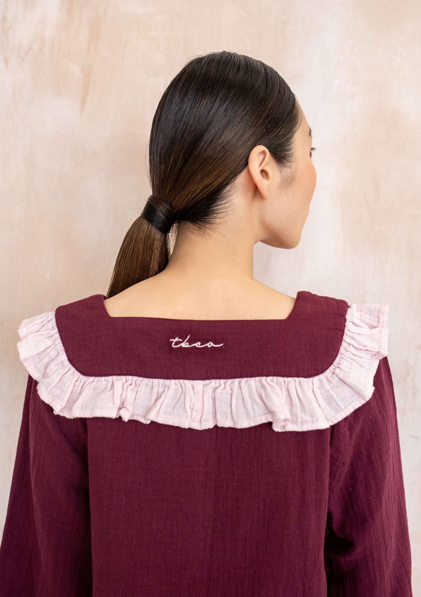 Cropped Cotton Pyjamas - Burgundy Ruffle