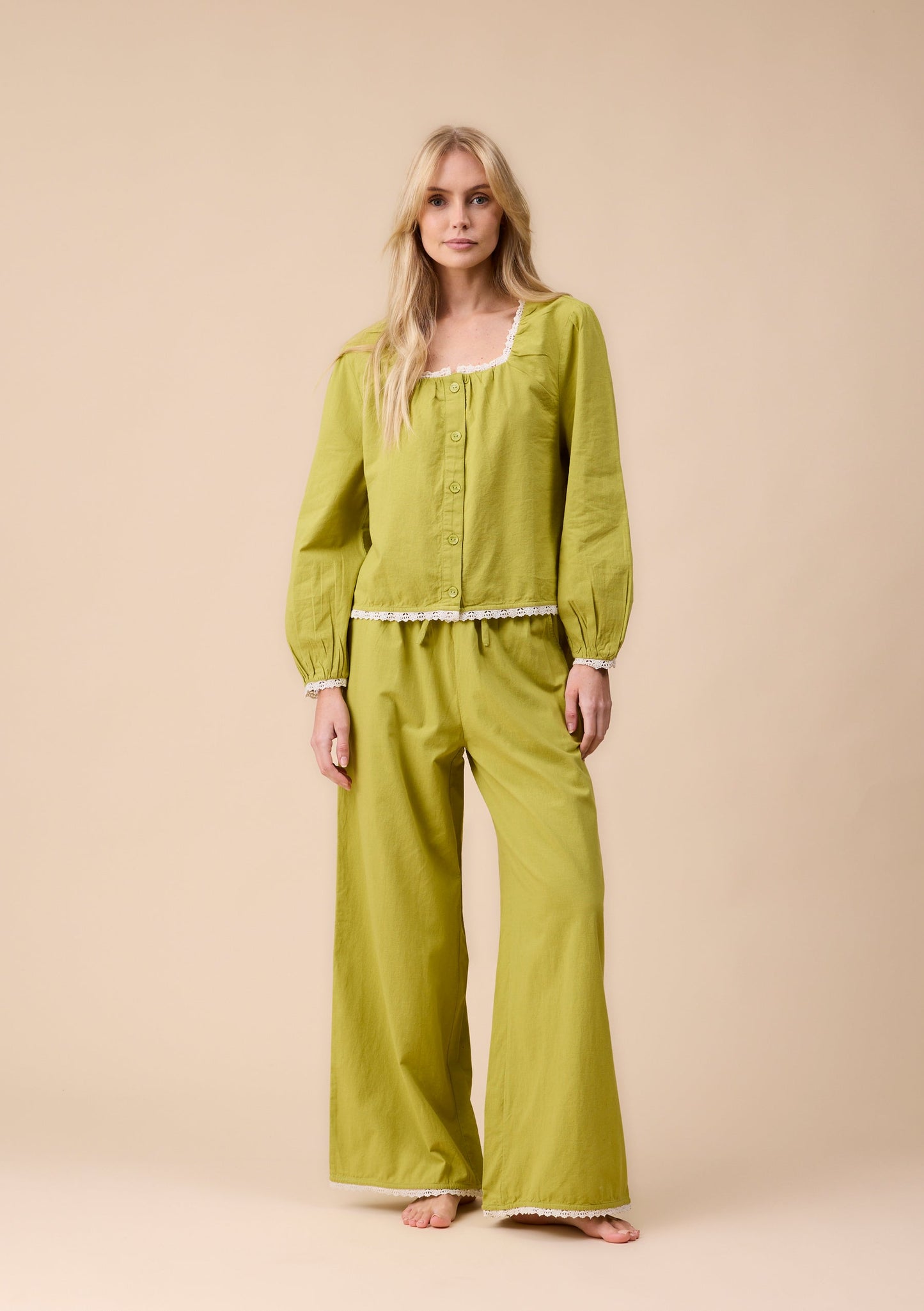 Apple green cotton and linen pyjamas.