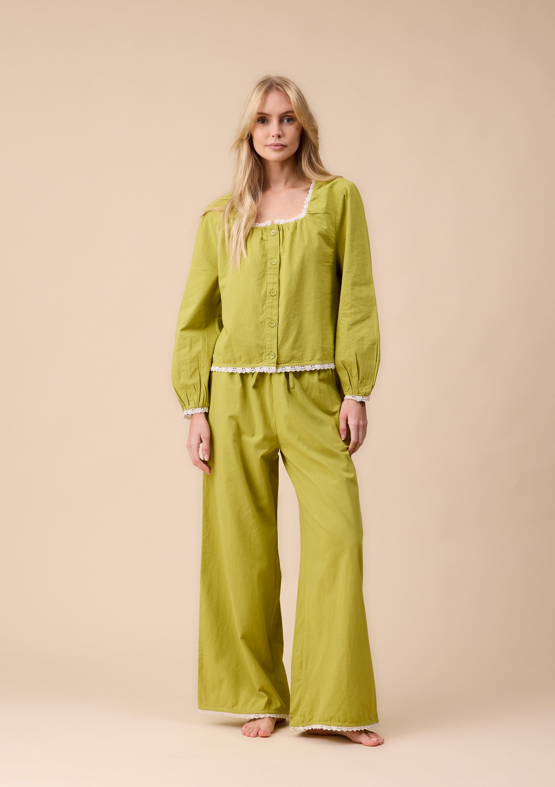 Apple green cotton and linen pyjamas.